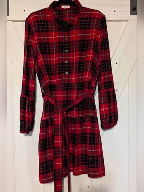 Maurices Red and Black Plaid Long Sleeve Shirt Dress with Waist Tie Women's XL